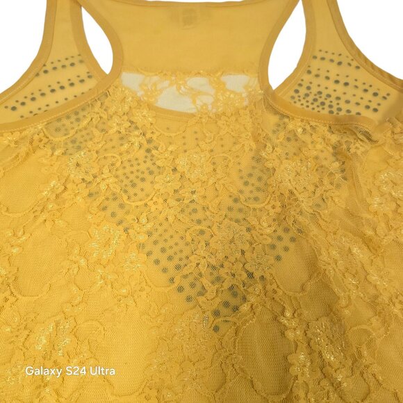 Daytrip Yellow Racerback Tank Top Rhinestones Sheer Lace Overlay Medium - Picture 12 of 12